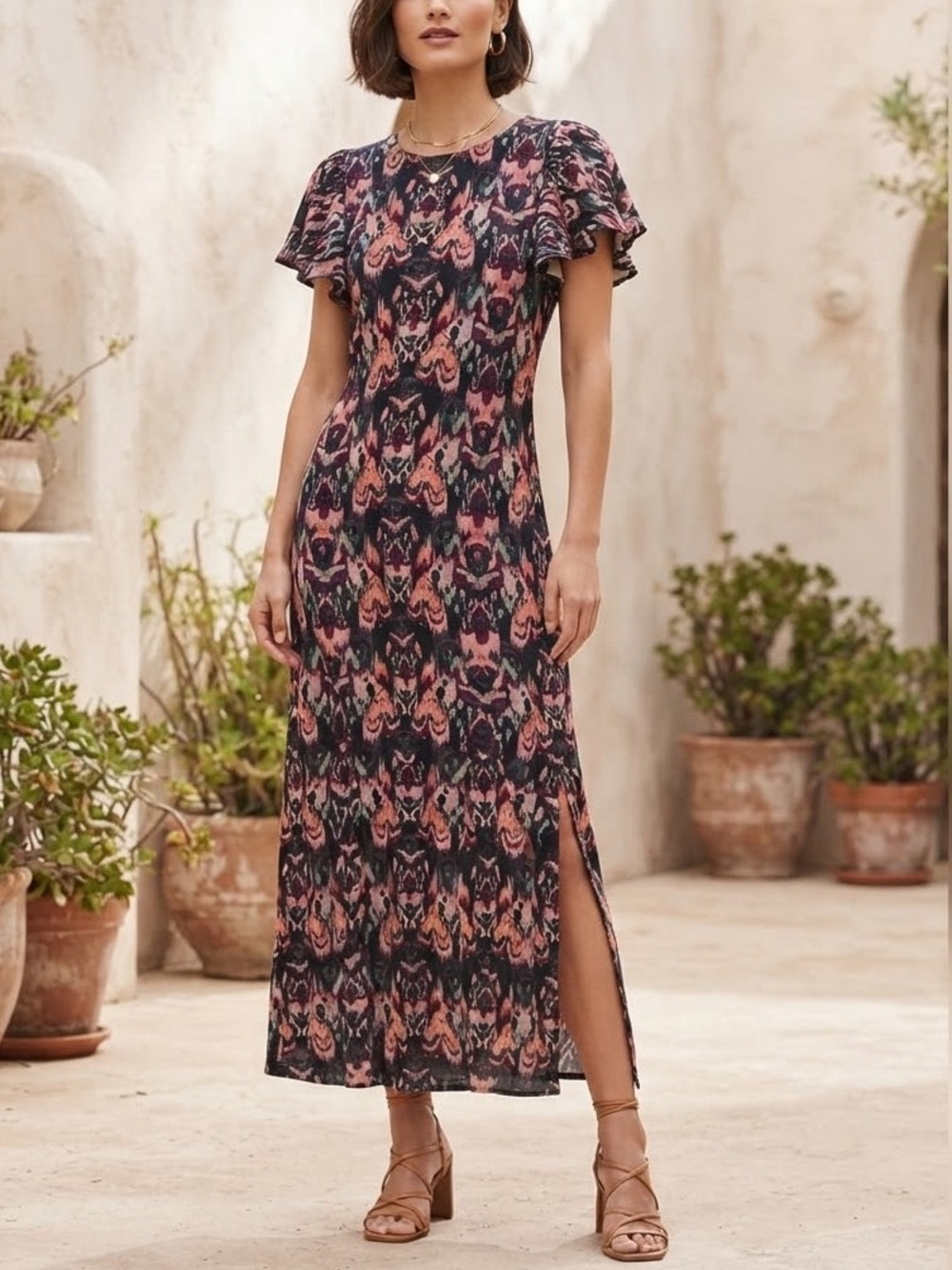 Sfera Abstract Ikat Print Flutter Sleeve Midi Dress Purple Salmon Pattern❤️